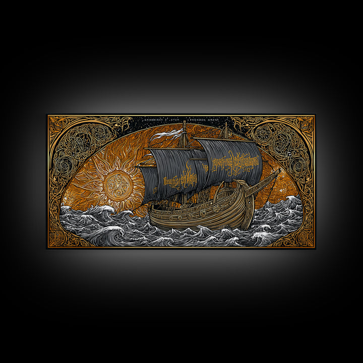 Viking Ship Naglfar Canvas Gold Art Canvas Art Nordic Longship Decor Norse Mythology Office Wall Art Man Cave framed in authentic wood