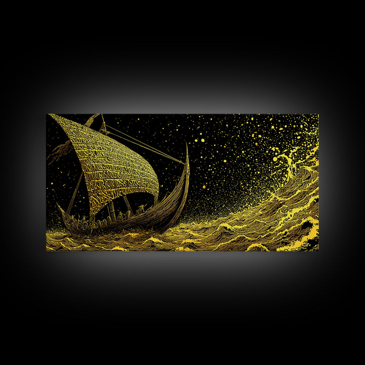 Norse Ship Naglfar Canvas Gold Art Canvas Art Viking Longship Wall Hanging Decor for Dad Gift Office Art framed in handcrafted real wood
