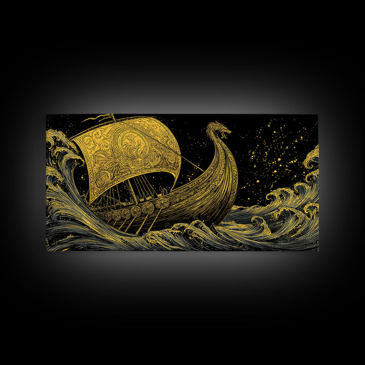 Naglfar Viking Ship Canvas Gold Art Canvas Art Norse Mythology Longship Wall Hanging Decor Office Art Man Cave Gift framed in real wood