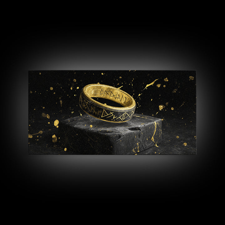 Viking Rune Ring Canvas Gold Art Nordic Symbol Canvas Art Norse Jewelry Wall Decor, Office Art or Dad Gift with real wood frame