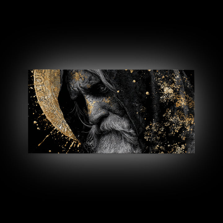 Odin Wisdom Canvas Gold Art Nordic Mythology Norse God Canvas Art, Viking Office Wall Decor for Men framed in natural wood