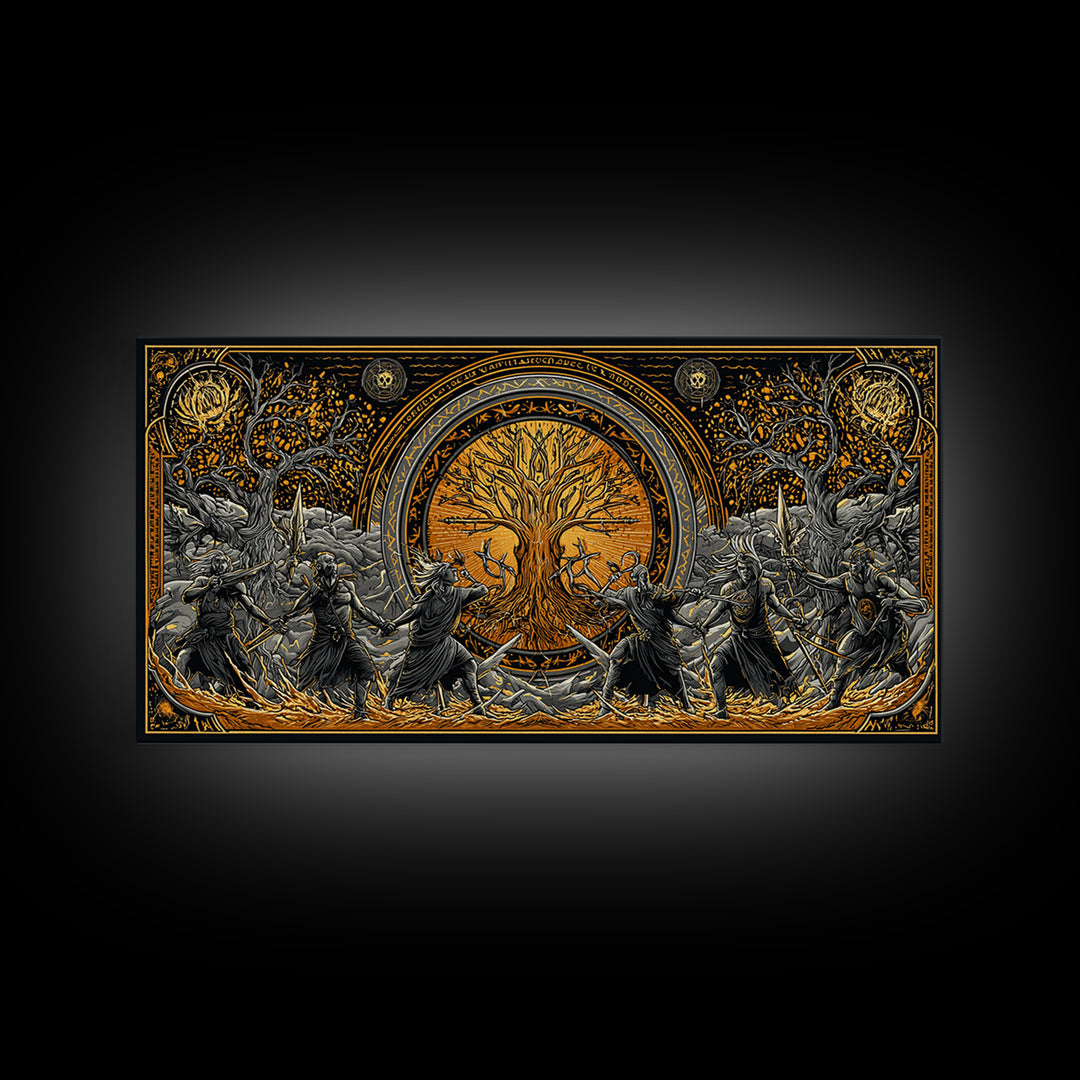 Sköll Wolf Canvas Gold Art Norse Mythology Canvas Art, Viking Wolf Devours the Sun Wall Decor in real wood frame for office