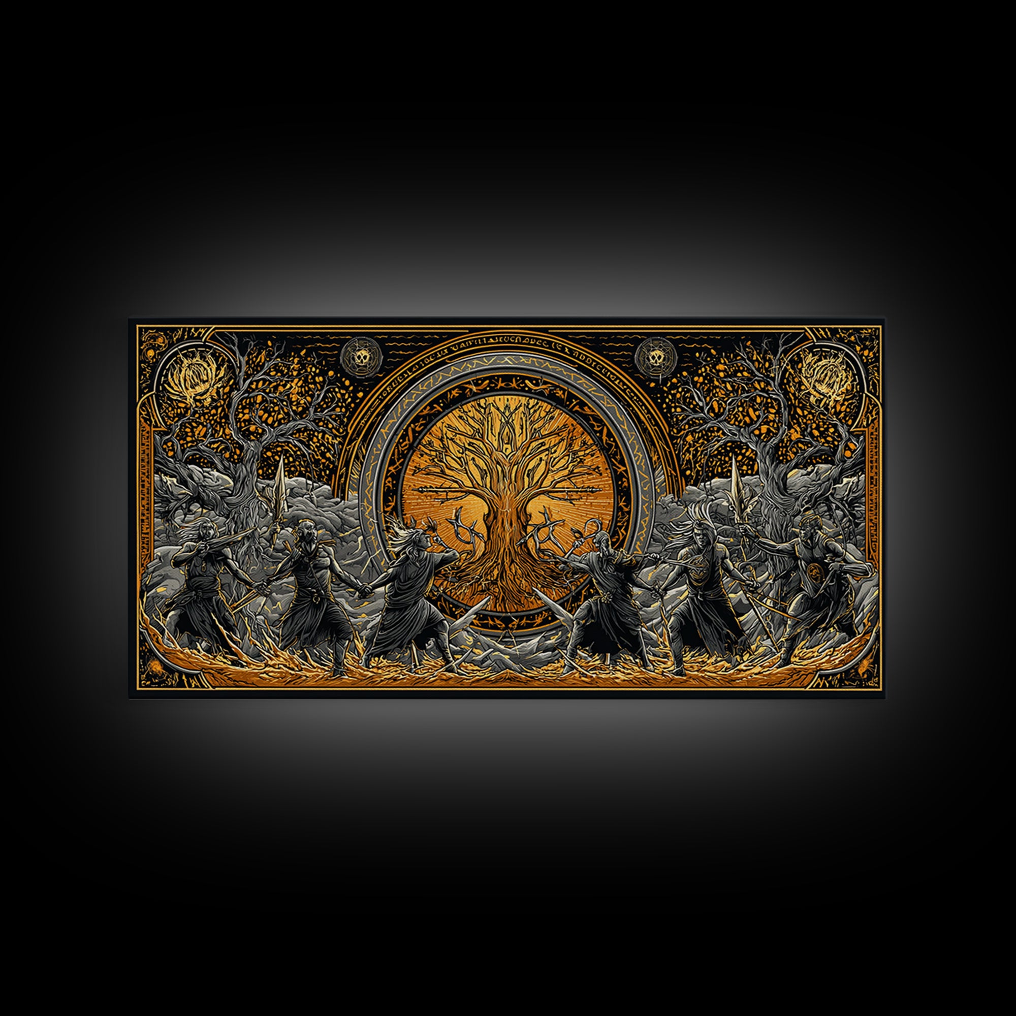 Sköll Wolf Canvas Gold Art Norse Mythology Canvas Art, Viking Wolf Devours the Sun Wall Decor in real wood frame for office