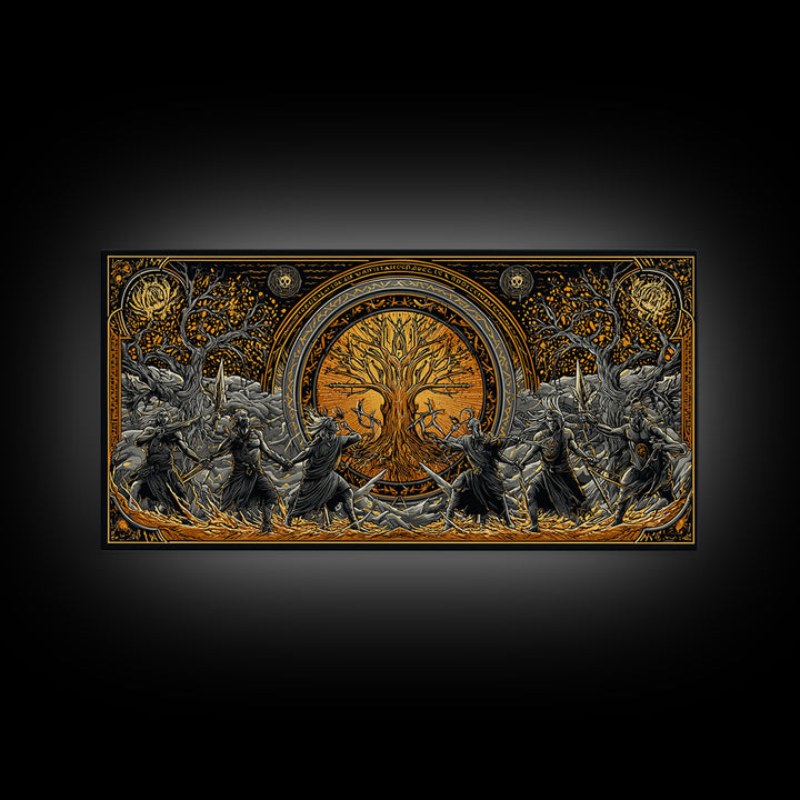 Sköll Wolf Canvas Gold Art Norse Mythology Canvas Art, Viking Wolf Devours the Sun Wall Decor in real wood frame for office