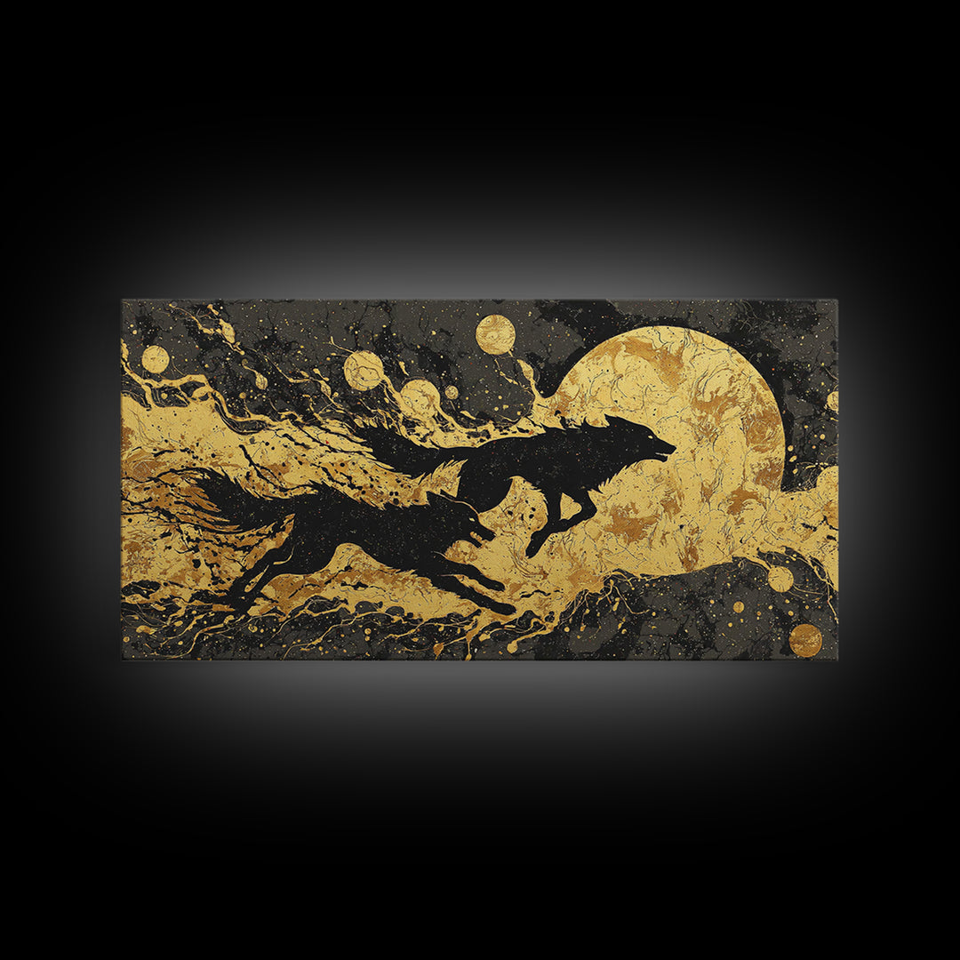 Fenrir Wolf Canvas Gold Art Norse Mythology Canvas Art, Viking Beast of Ragnarok Wall Decor for Office or Man Cave in wood frame