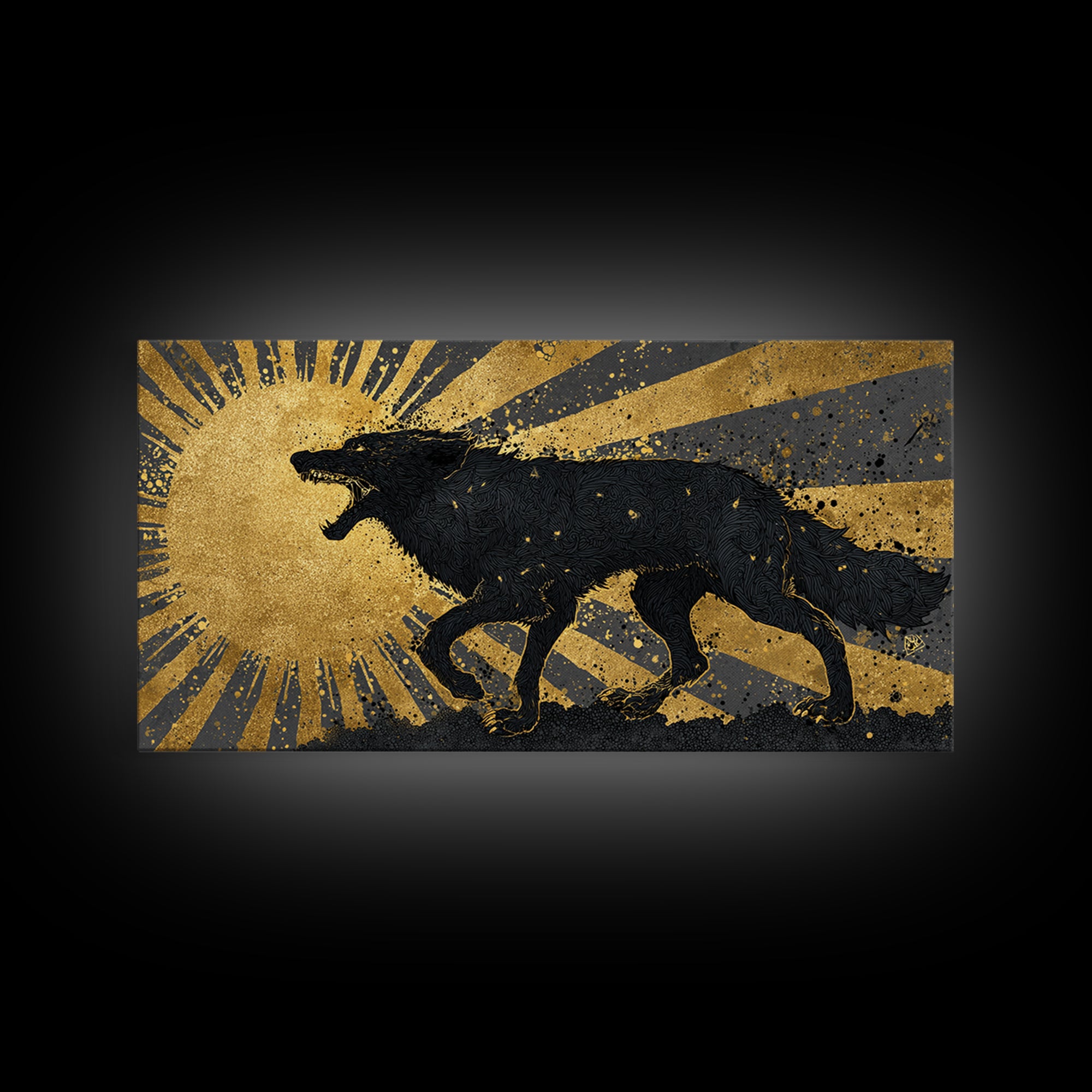 Hati and Sköll Wolves Canvas Gold Art Norse Mythology Canvas Art, Viking Sun and Moon Chase Wall Decor framed in real wood