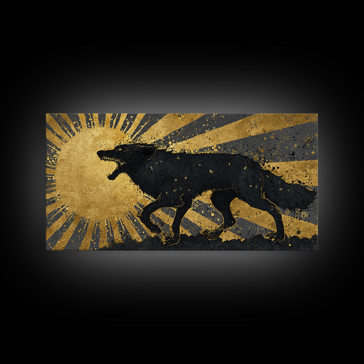 Hati and Sköll Wolves Canvas Gold Art Norse Mythology Canvas Art, Viking Sun and Moon Chase Wall Decor framed in real wood