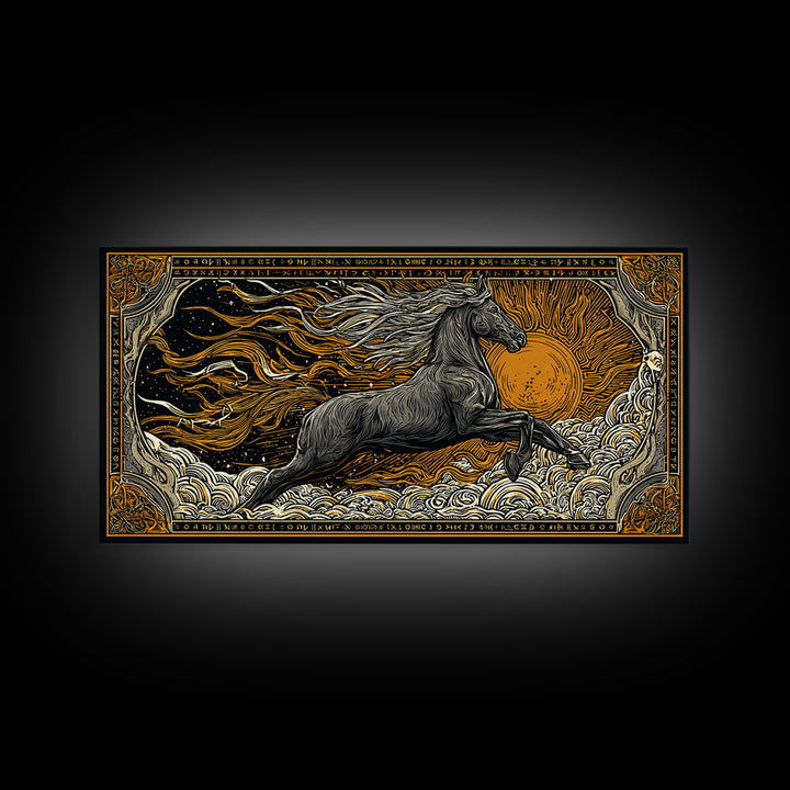 Mythical Sleipnir Canvas Gold Art Wall Decor, Odin’s Eight-Legged Horse Norse Canvas Art with real wood frame, Viking Office Art