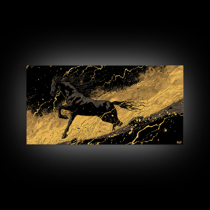 Nordic Sleipnir Horse Canvas Art, Canvas Gold Art in Norse Mythology Style, Man Cave Wall Art for Men, framed in authentic wood
