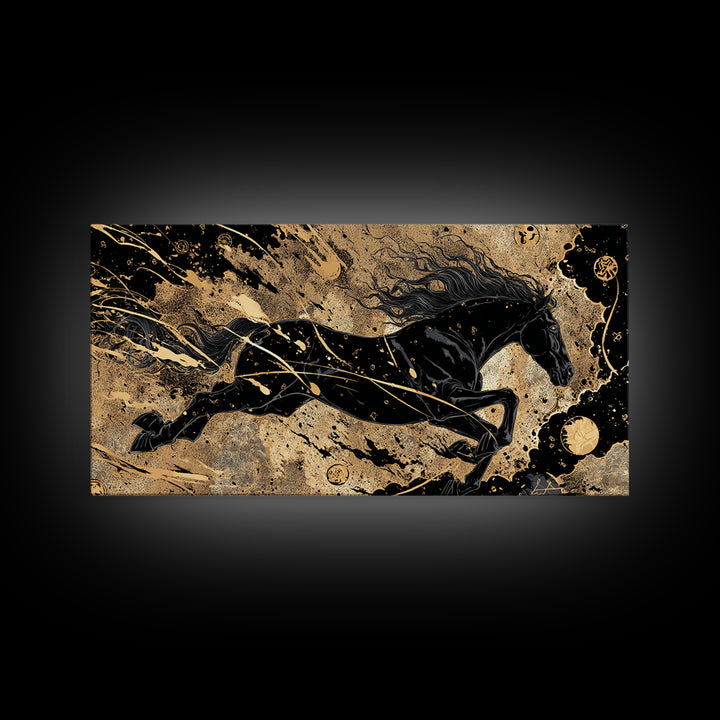 Sleipnir Norse Horse Canvas Gold Art, Nordic Mythology Canvas Art for Man Cave or Office, framed in natural wood, unique Dad Gift