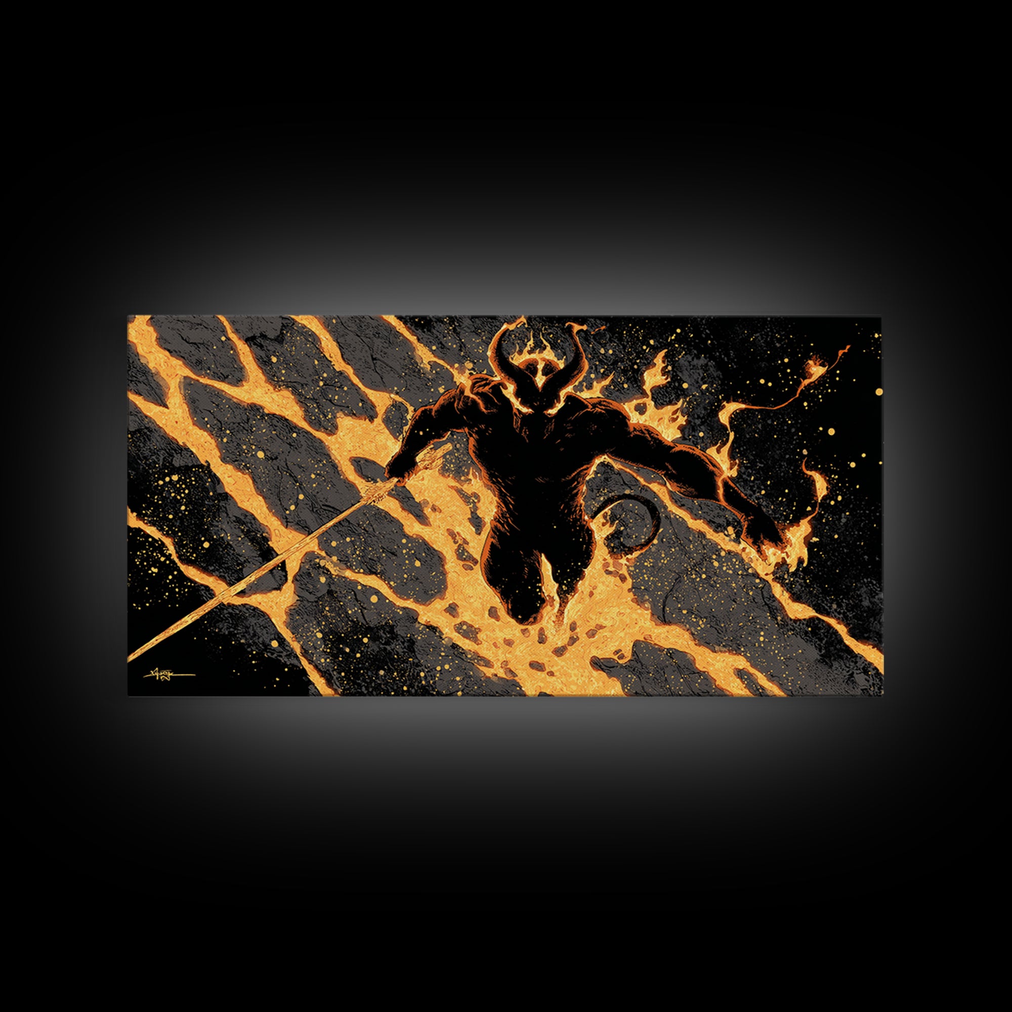 Mythical Surtur with Flaming Sword Canvas Gold Art, Viking Canvas Art Norse Decor, Man Cave Office Art, framed in handcrafted wood