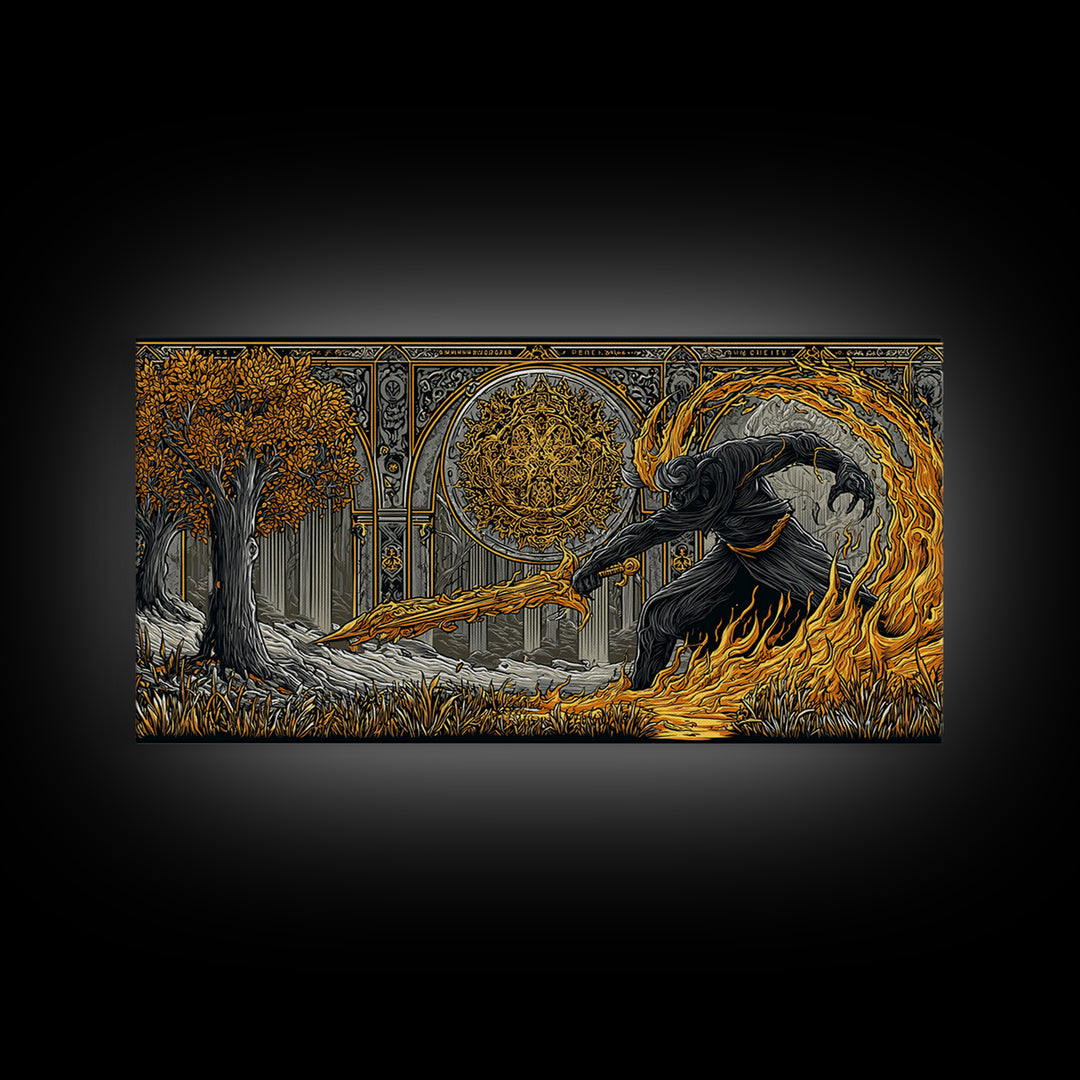 Surtur Norse Fire Giant Canvas Art, Nordic Mythology Canvas Gold Art for Office Wall or Man Cave, framed in real wood, bold Dad Gift