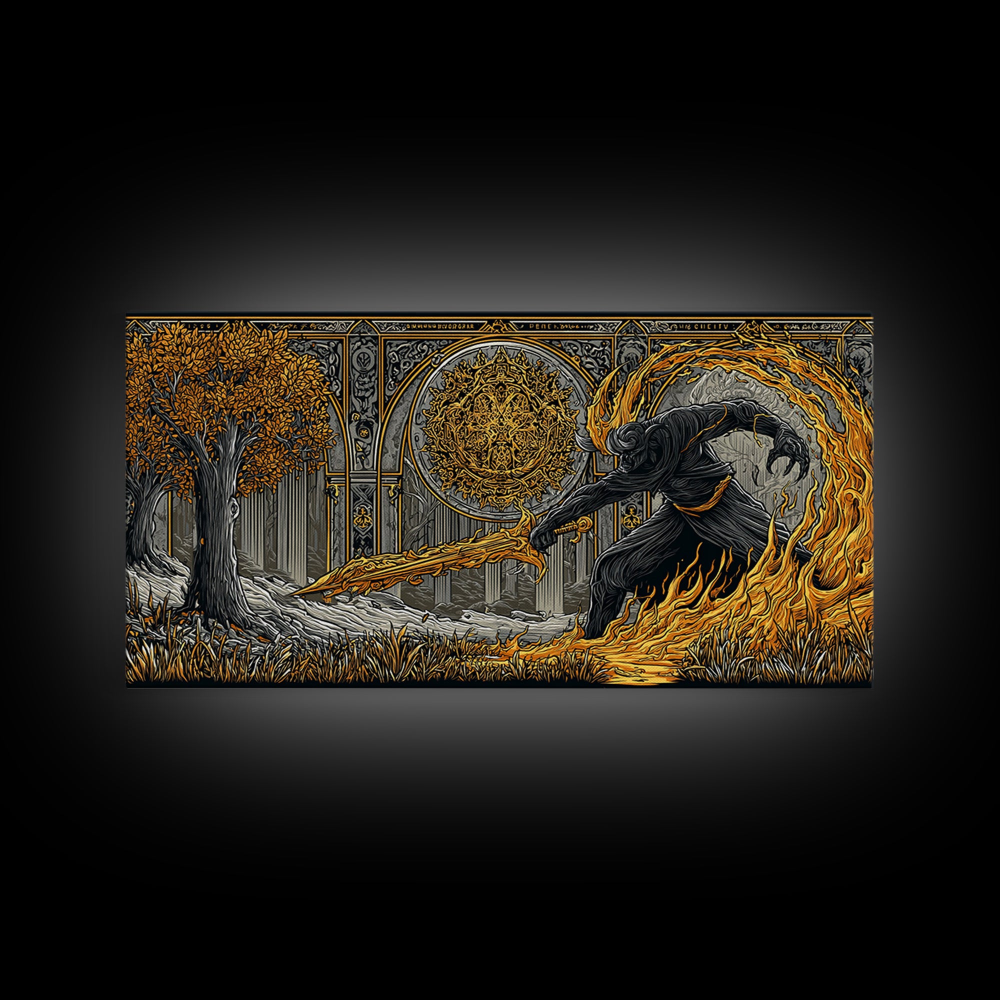 Surtur Norse Fire Giant Canvas Art, Nordic Mythology Canvas Gold Art for Office Wall or Man Cave, framed in real wood, bold Dad Gift