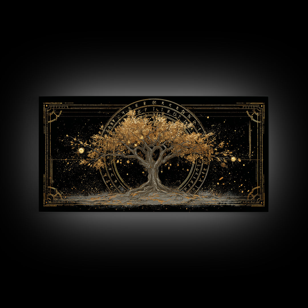The World Tree Yggdrasil Canvas Gold Art, Norse Mythology Canvas Art for Office, Viking Man Cave Decor, framed in natural wood