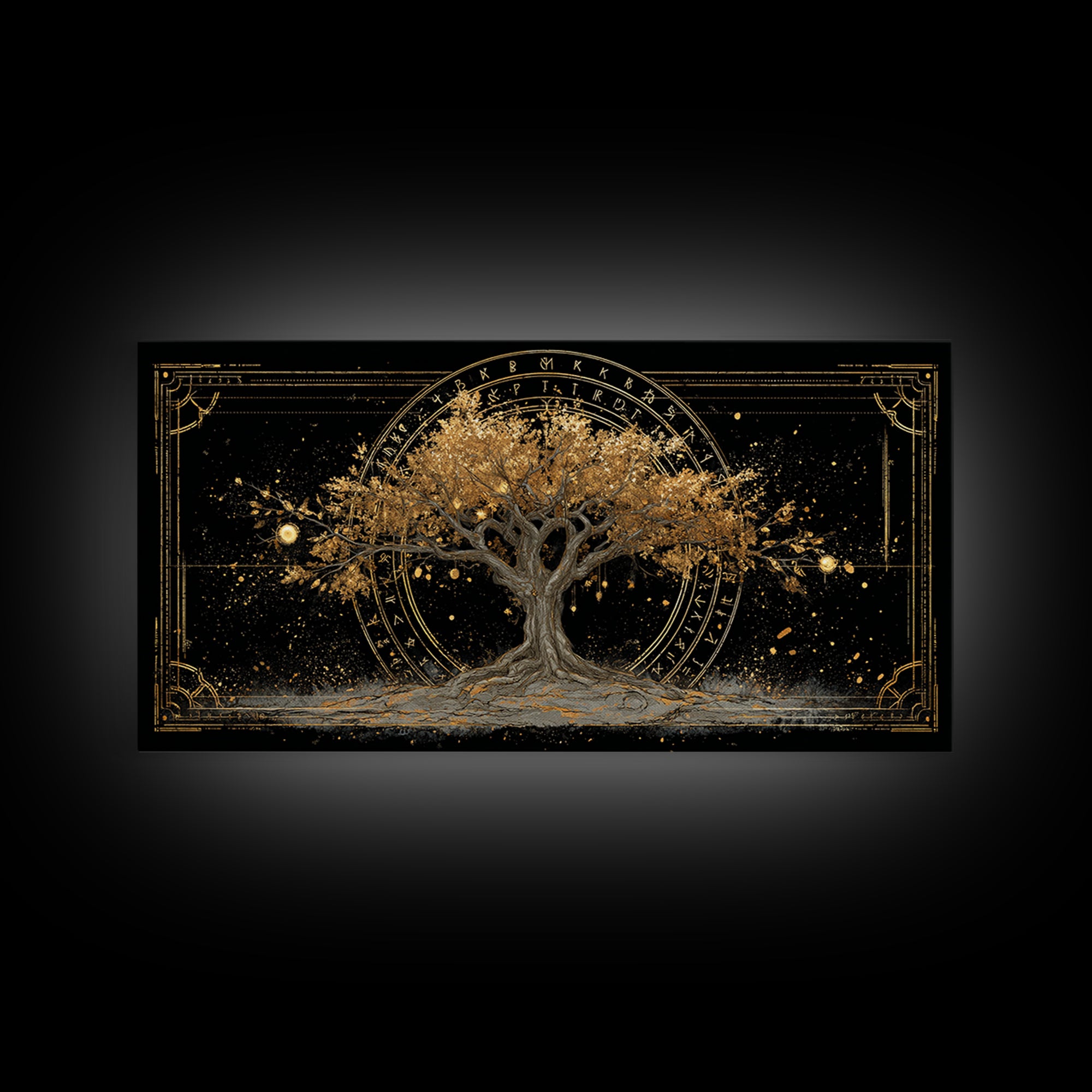 The World Tree Yggdrasil Canvas Gold Art, Norse Mythology Canvas Art for Office, Viking Man Cave Decor, framed in natural wood