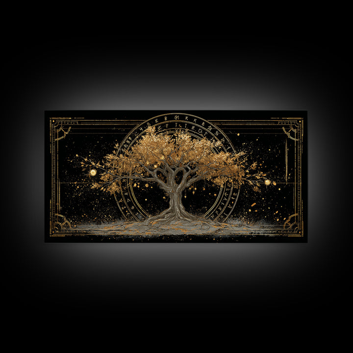 The World Tree Yggdrasil Canvas Gold Art, Norse Mythology Canvas Art for Office, Viking Man Cave Decor, framed in natural wood