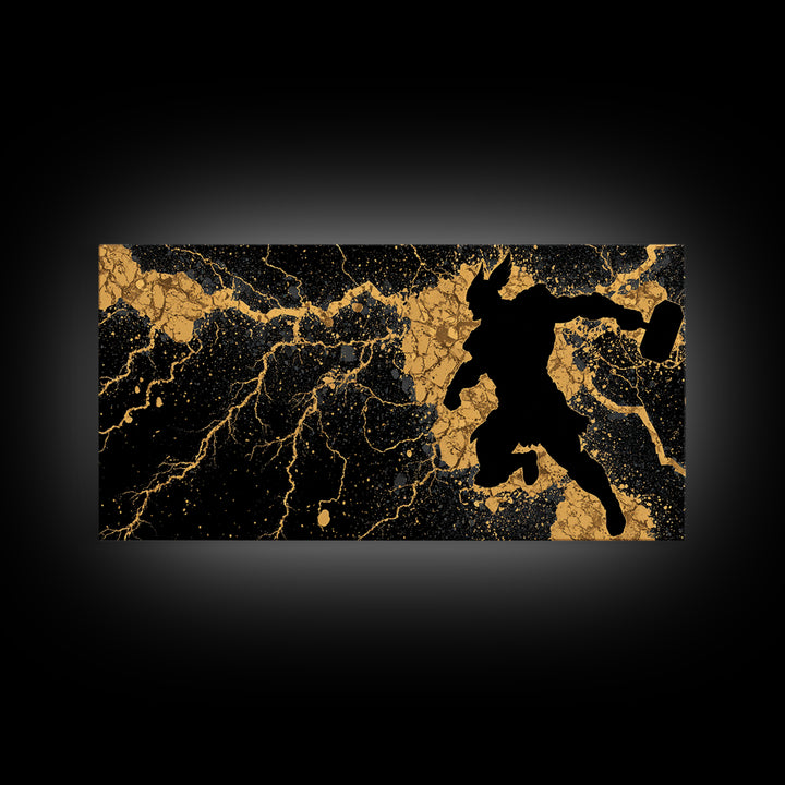 Viking Thor with Mjolnir Canvas Gold Art, Norse Mythology Canvas Art Wall Decor for Man Cave or Dad Gift, framed in solid wood