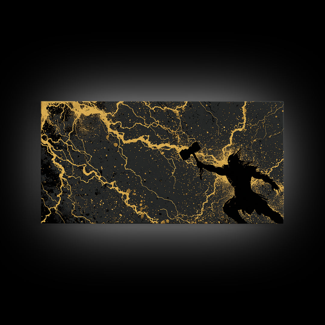 Thor God of Thunder Canvas Art, Canvas Gold Art with Lightning, Norse Mythology Wall Decor, Office Art for Men, framed in real wood
