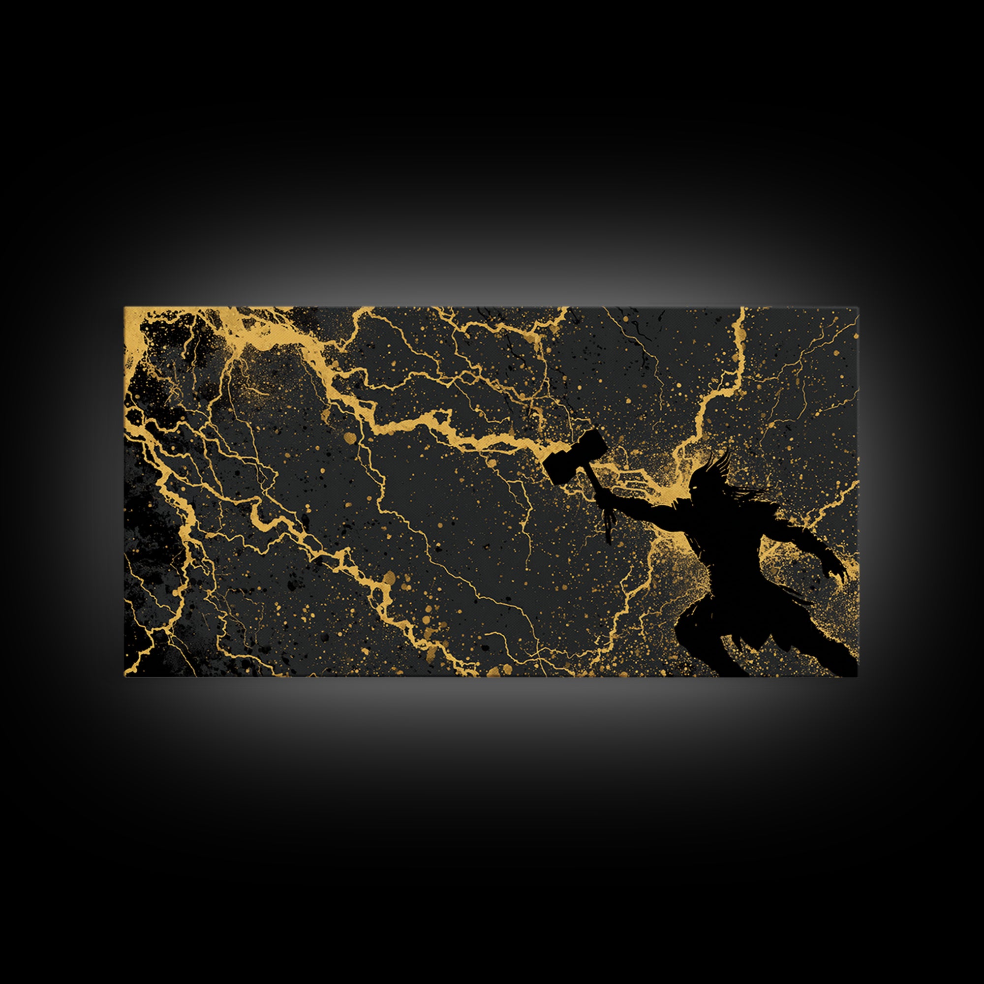 Thor God of Thunder Canvas Art, Canvas Gold Art with Lightning, Norse Mythology Wall Decor, Office Art for Men, framed in real wood