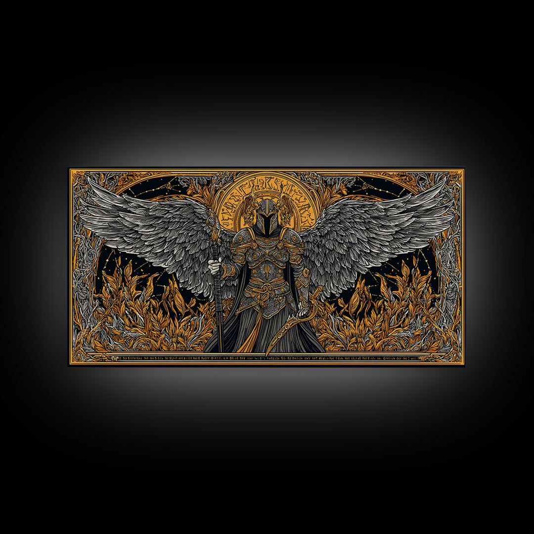 Winged Valkyrie Warrior Canvas Art, Canvas Gold Art Norse Decor, Nordic Mythology Office Art for Men, framed with real wood detail