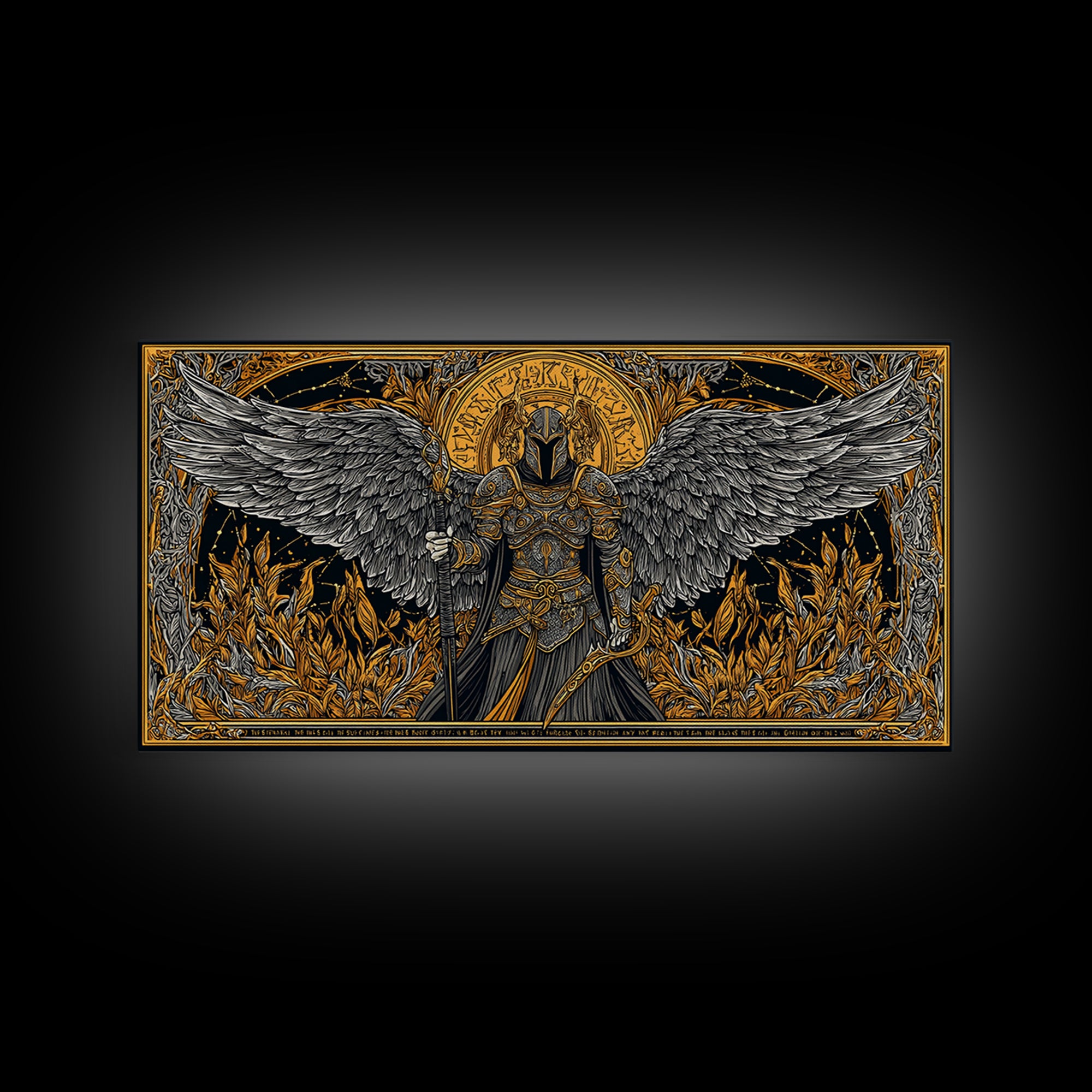 Winged Valkyrie Warrior Canvas Art, Canvas Gold Art Norse Decor, Nordic Mythology Office Art for Men, framed with real wood detail