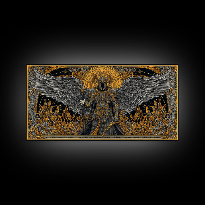 Winged Valkyrie Warrior Canvas Art, Canvas Gold Art Norse Decor, Nordic Mythology Office Art for Men, framed with real wood detail