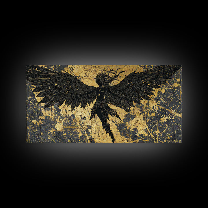 Valkyrie Canvas Gold Art Nordic Canvas Art with Real Wood Frame, Norse Mythology Warrior Wall Decor for Office or Man Cave