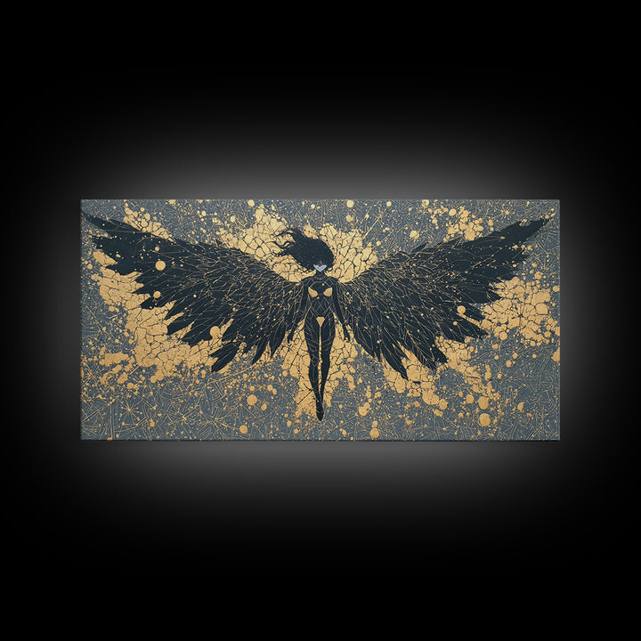 Canvas Art Valkyrie Angel Canvas Gold Art, Norse Mythology Wall Hanging framed in Natural Wood, Dad Gift or Office Decor