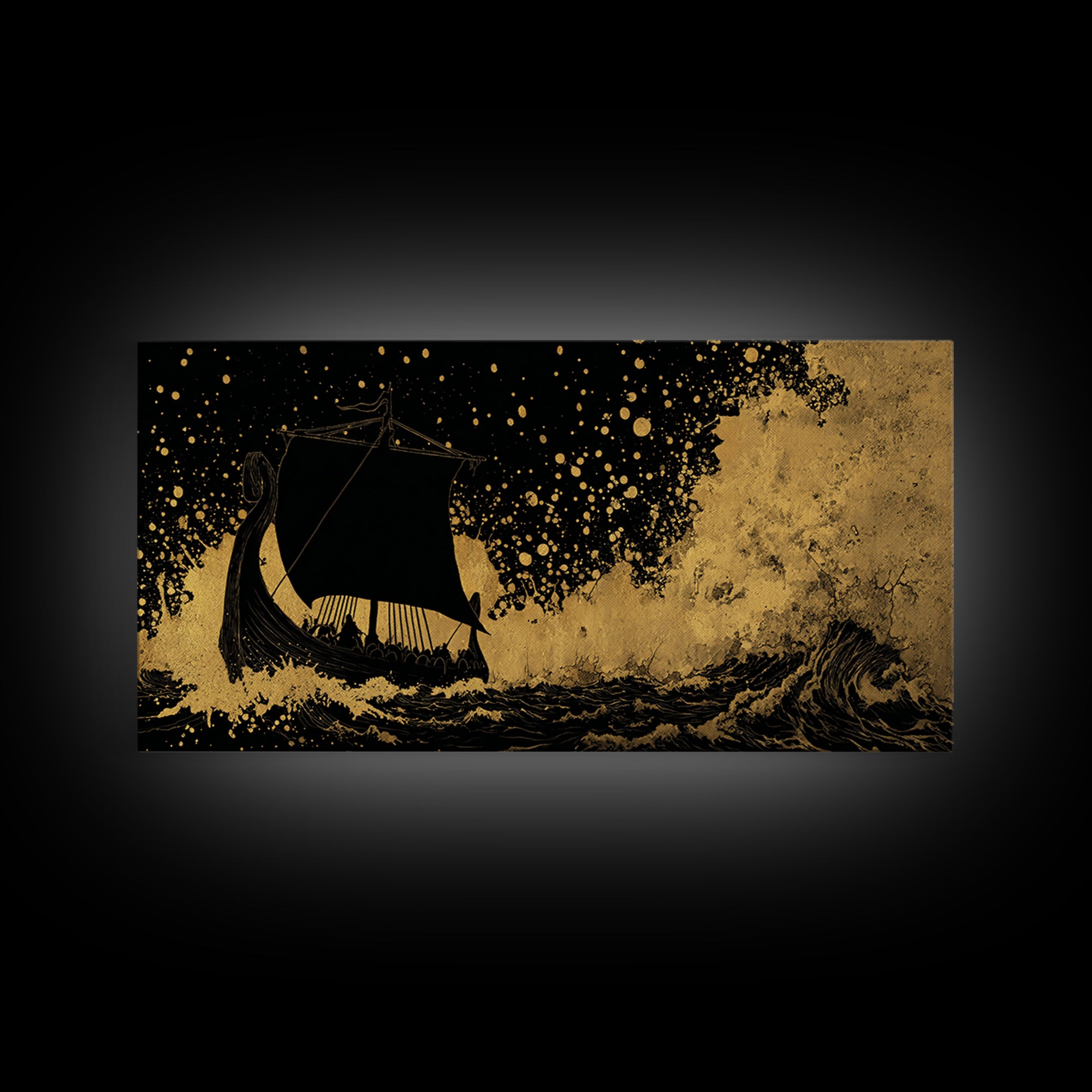 Canvas Art Viking Rune Stone Canvas Gold Art, Norse Mythology Wall Decor with Real Wood Frame, Man Cave Nordic Office Artwork
