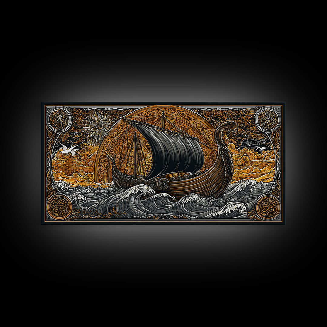 Viking Ship Canvas Gold Art Canvas Art, Norse Longboat Sailing Wall Decor with Real Wood Frame, Nordic Mythology Office Artwork