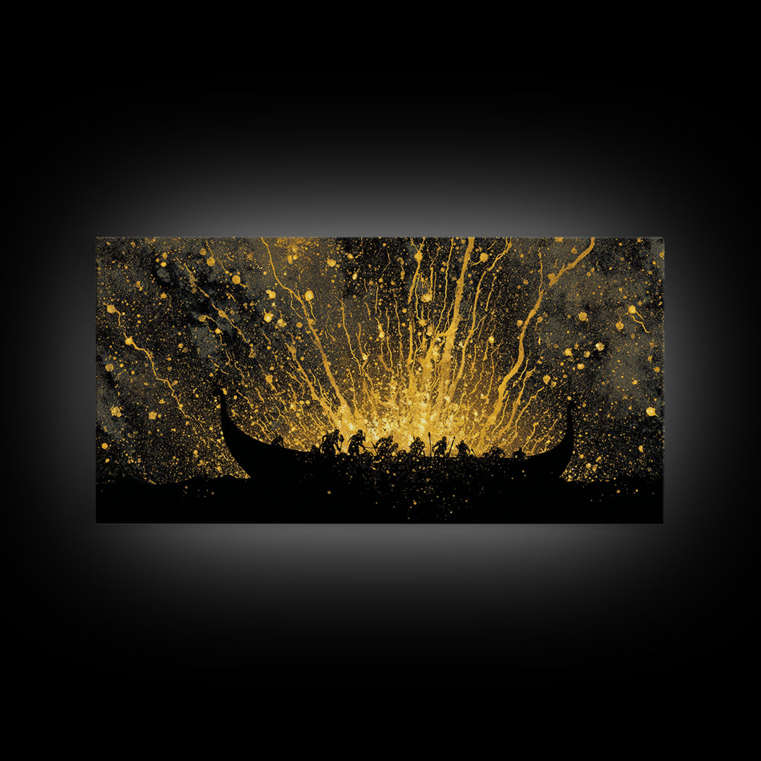 Canvas Art Viking Longship Canvas Gold Art, Nordic Seafaring Norse Decor in Real Wood Frame, Man Cave or Office Wall Hanging