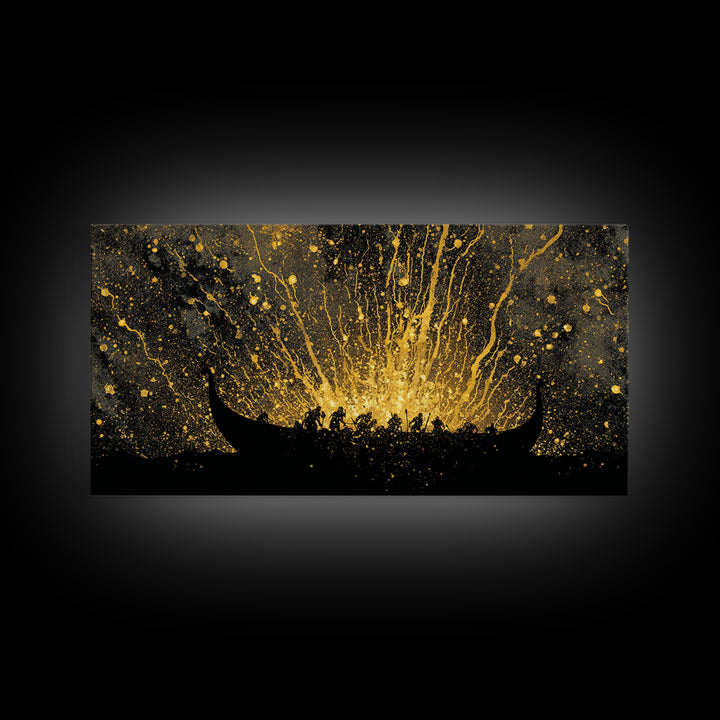 Canvas Art Viking Longship Canvas Gold Art, Nordic Seafaring Norse Decor in Real Wood Frame, Man Cave or Office Wall Hanging