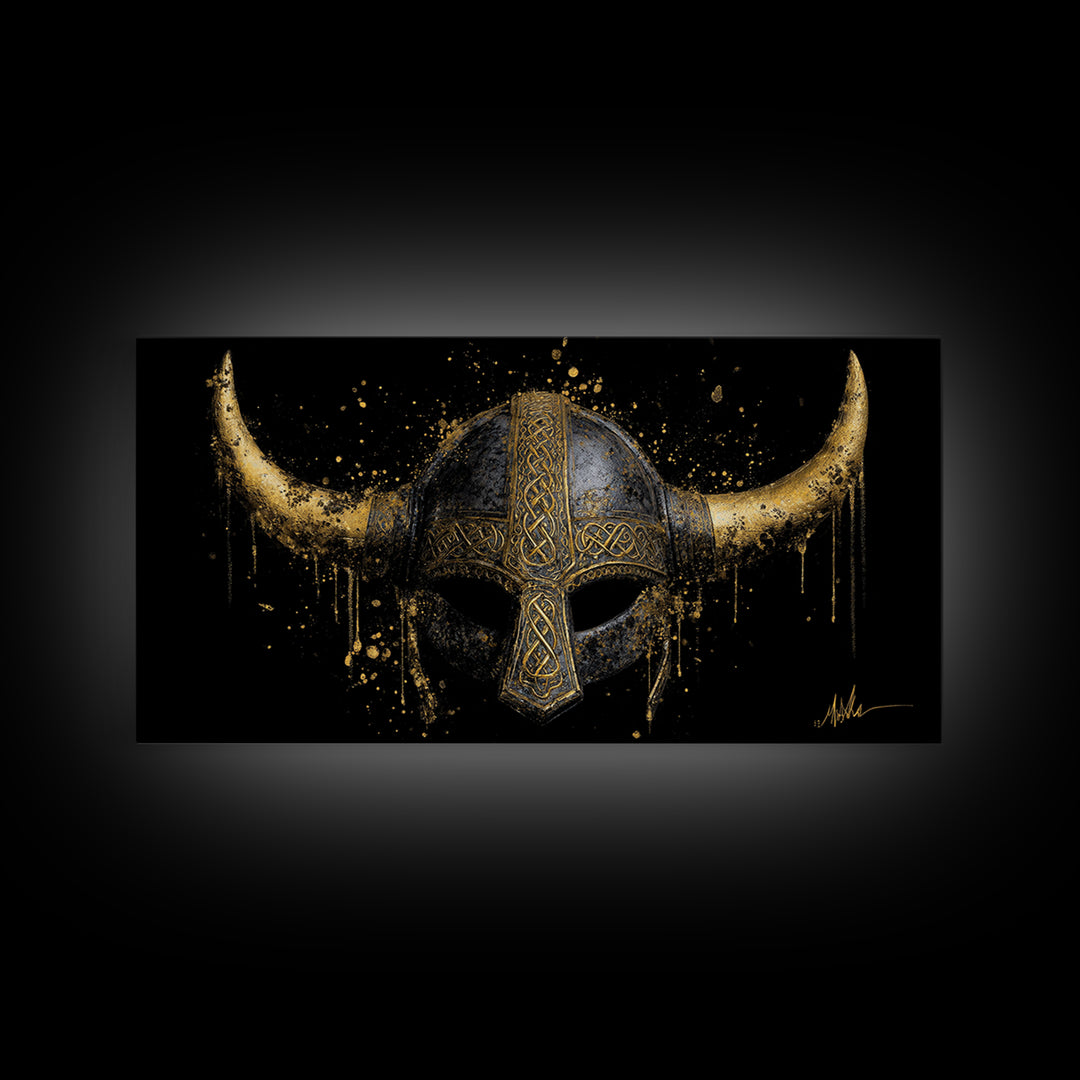 Nordic Valkyrie Canvas Gold Art Canvas Art, Norse Goddess Warrior Silhouette with Wings, Man Cave Wall Art in Real Wood Frame