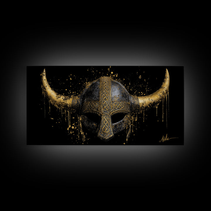 Nordic Valkyrie Canvas Gold Art Canvas Art, Norse Goddess Warrior Silhouette with Wings, Man Cave Wall Art in Real Wood Frame