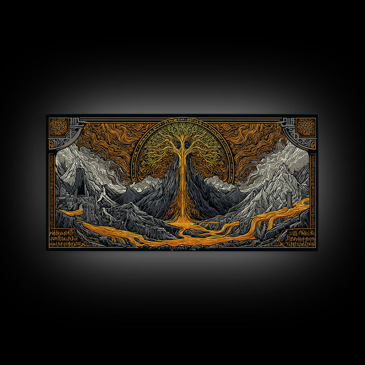 Yggdrasil Canvas Gold Art Canvas Art, Norse World Tree of Life Wall Decor framed in Natural Wood, Nordic Mythology Office Artwork