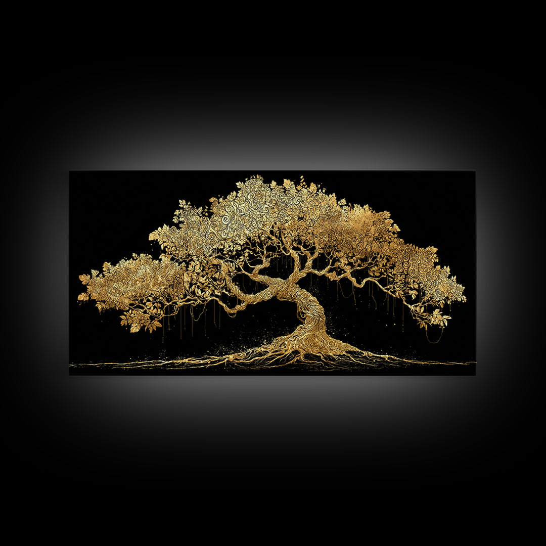 Canvas Art Yggdrasil Canvas Gold Art, Norse Tree of Life Wall Hanging with Real Wood Frame, Nordic Mythology Man Cave or Dad Gift
