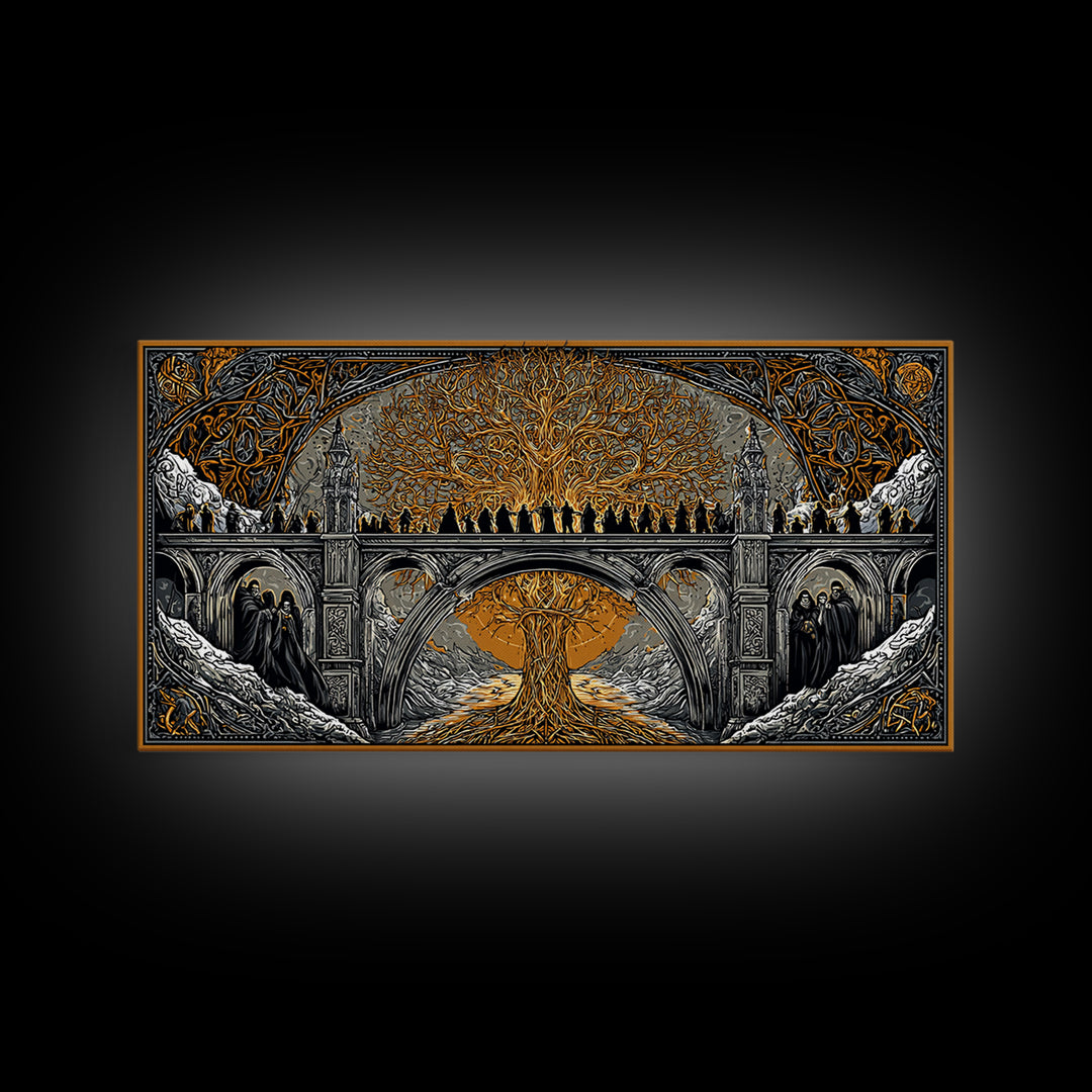Yggdrasil Bridge Nordic Mythology Wall Decor | Canvas Gold Art Canvas Art | Norse Gods Fantasy Scene framed in real wood