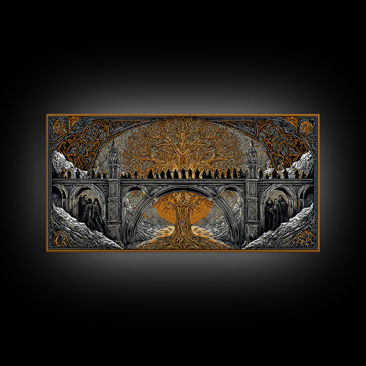 Yggdrasil Bridge Nordic Mythology Wall Decor | Canvas Gold Art Canvas Art | Norse Gods Fantasy Scene framed in real wood