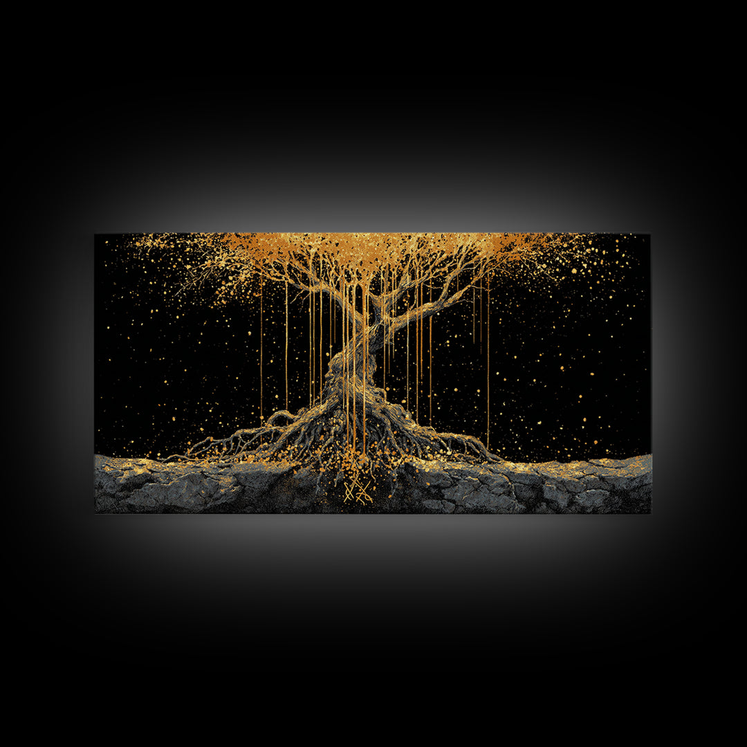 Norse Yggdrasil Tree of Life Canvas Gold Art Canvas Art | Nordic Mythology Office Wall Decor Man Cave Gift in natural wood frame