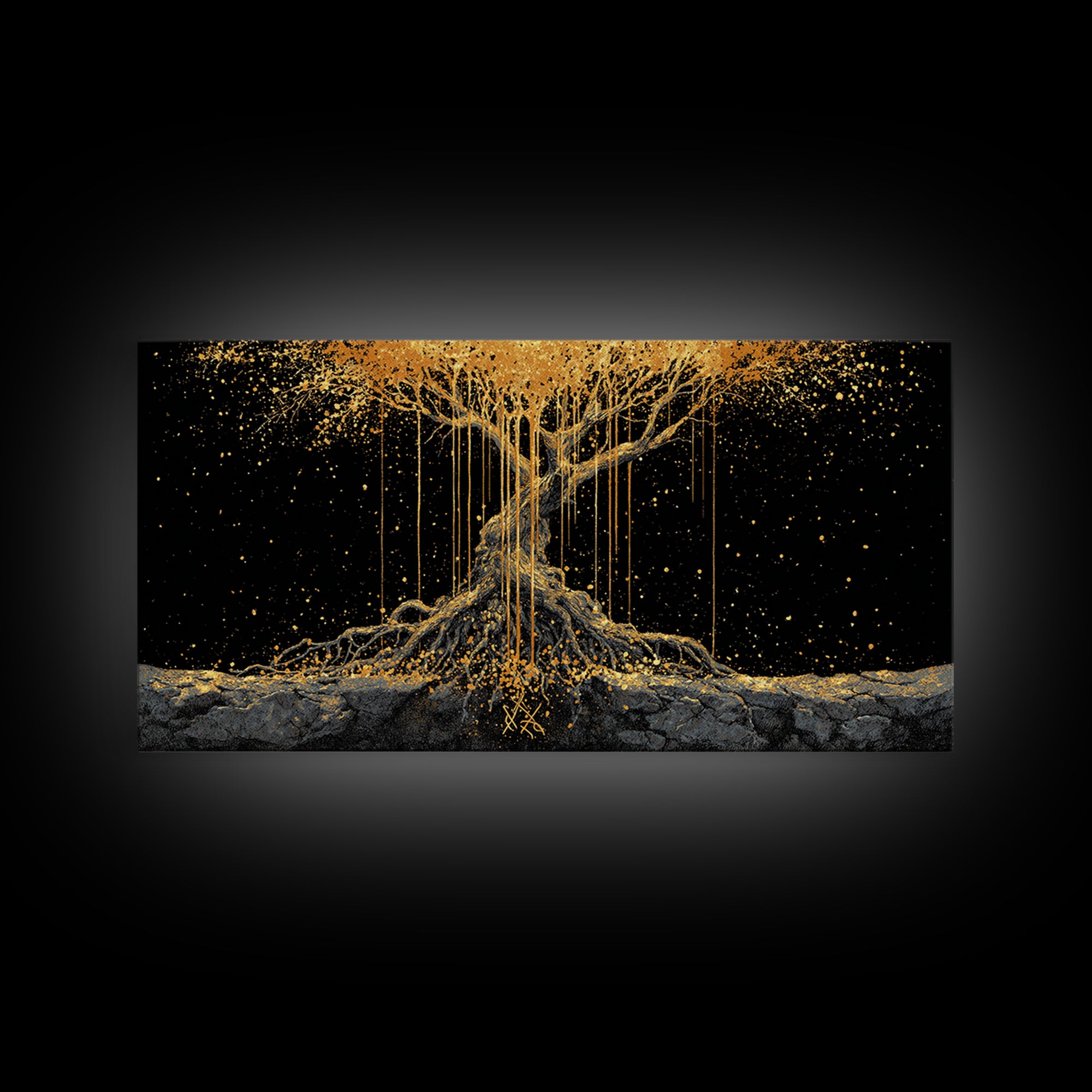 Norse Yggdrasil Tree of Life Canvas Gold Art Canvas Art | Nordic Mythology Office Wall Decor Man Cave Gift in natural wood frame