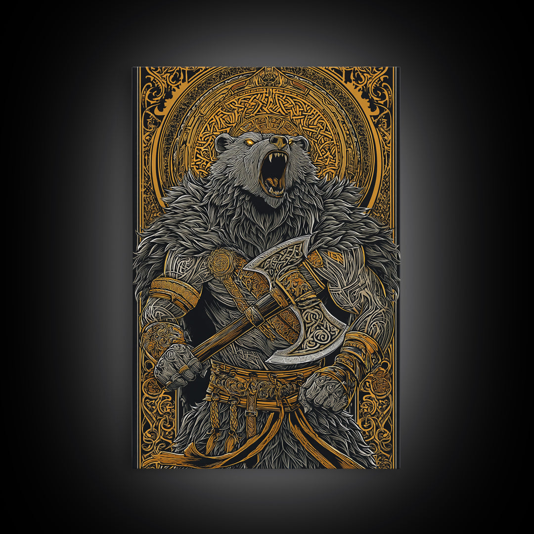 Nordic Bear Warrior Canvas Gold Art Canvas Art | Viking Mythology Wall Decor for Office or Man Cave | Framed in Natural Wood