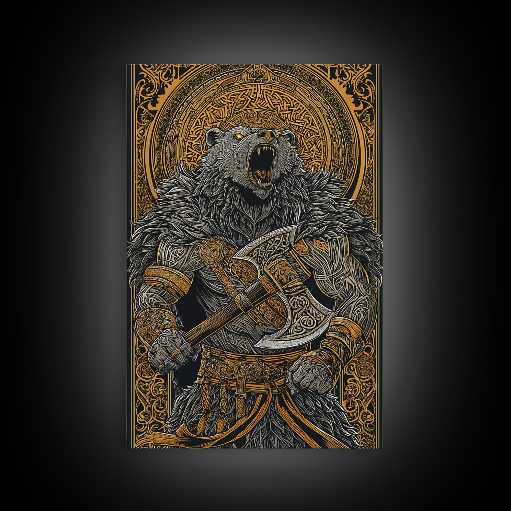 Nordic Bear Warrior Canvas Gold Art Canvas Art | Viking Mythology Wall Decor for Office or Man Cave | Framed in Natural Wood