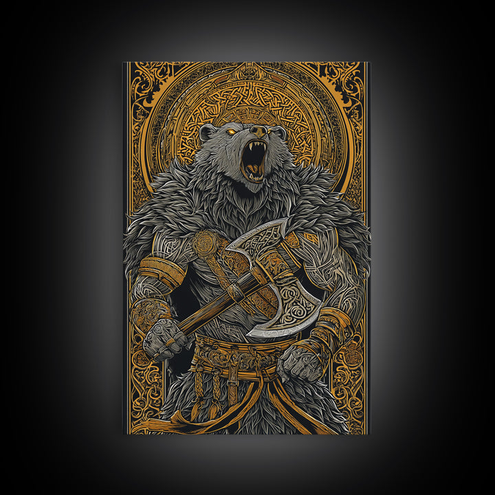 Nordic Bear Warrior Canvas Gold Art Canvas Art | Viking Mythology Wall Decor for Office or Man Cave | Framed in Natural Wood