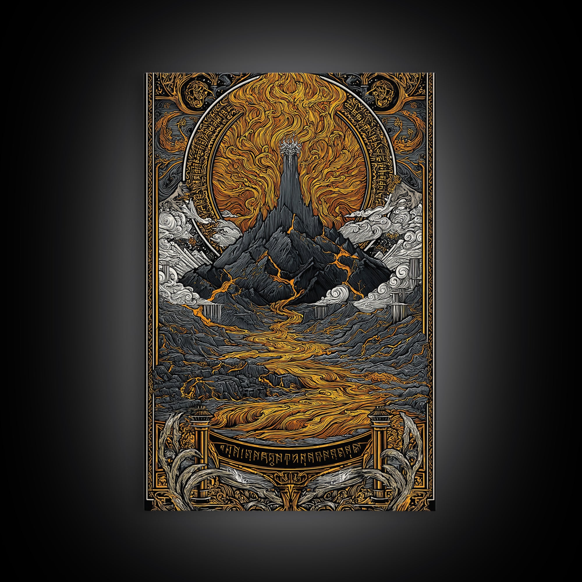 Muspelheim Fire Mountain Canvas Gold Art Canvas Art | Viking Mythology Lava Landscape Wall Art | Natural Wood Frame Included