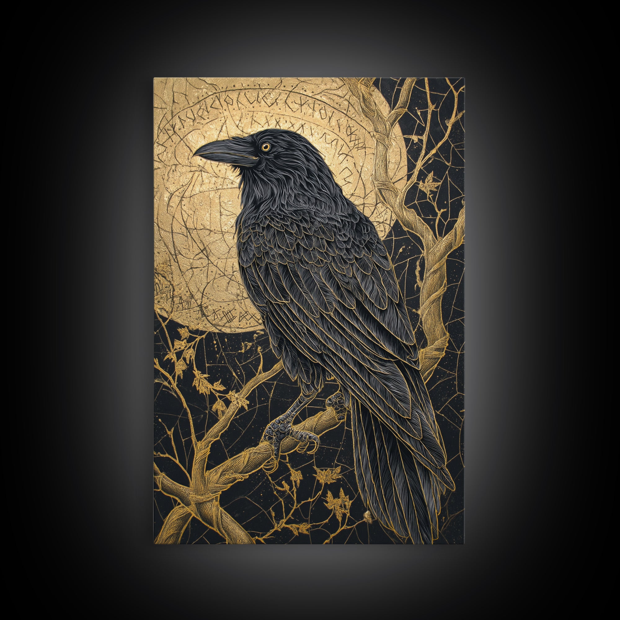 Odin’s Raven Canvas Gold Art Canvas Art | Norse Mythology Bird Symbol Wall Decor for Office or Dad Gift | Set in Real Wood Frame