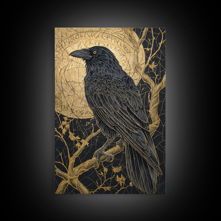 Odin’s Raven Canvas Gold Art Canvas Art | Norse Mythology Bird Symbol Wall Decor for Office or Dad Gift | Set in Real Wood Frame