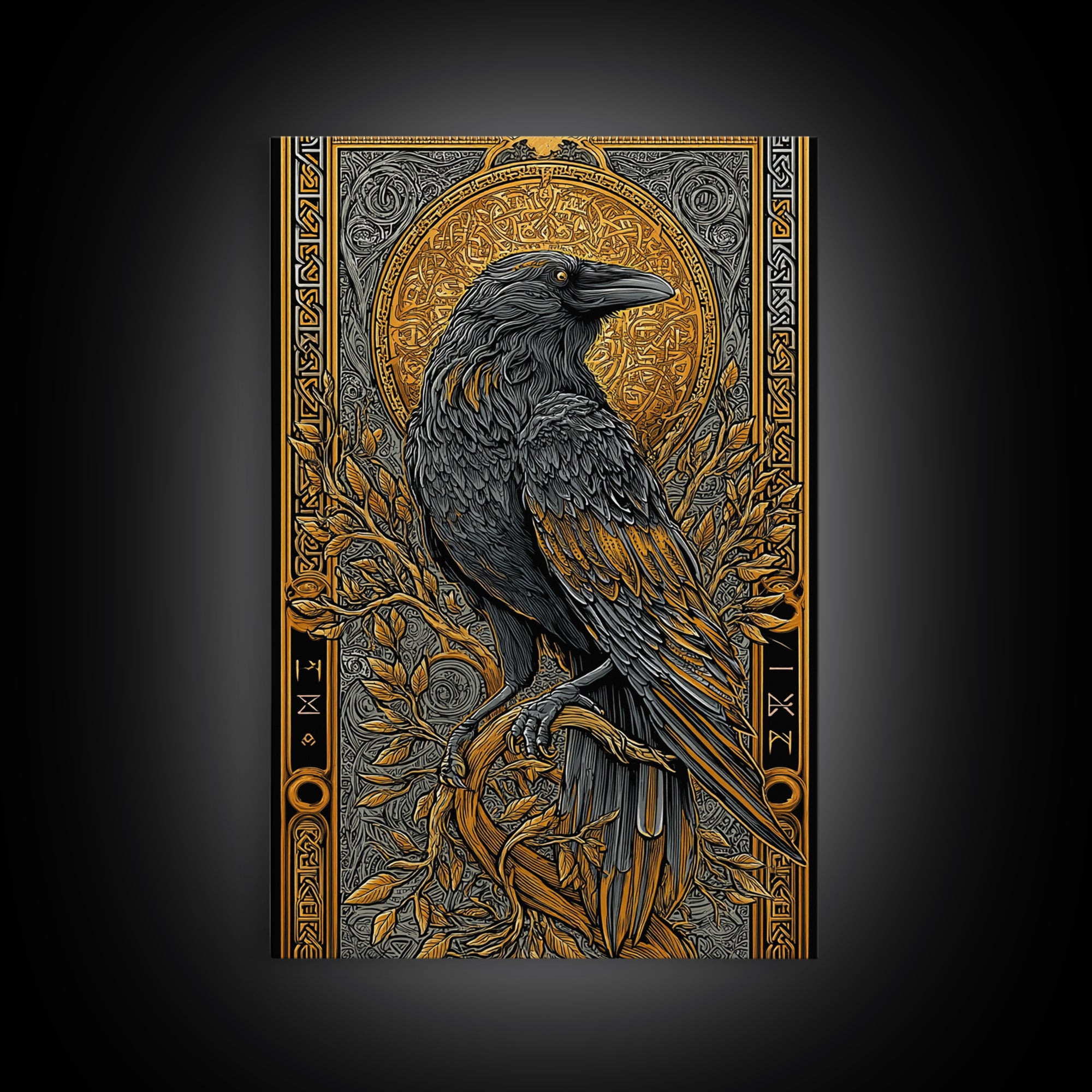 Hugin Raven Canvas Gold Art Canvas Art | Viking Odin Symbol Norse Mythology Decor | Man Cave Wall Art | Framed in Solid Wood