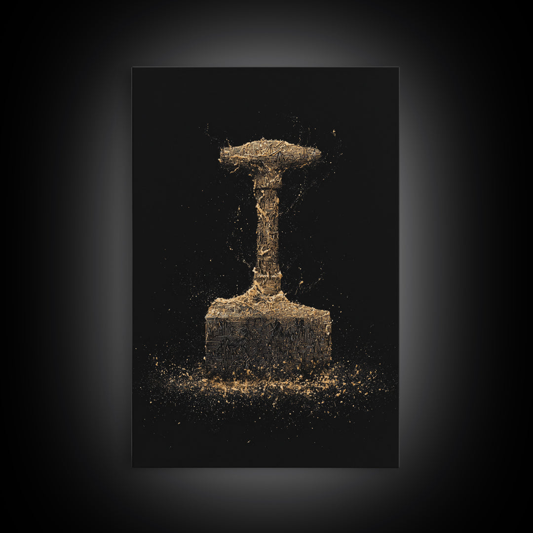 Thor’s Hammer Canvas Gold Art Canvas Art | Norse Mythology Mjölnir Wall Decor Pagan Viking Symbol | Mounted with Real Wood Frame