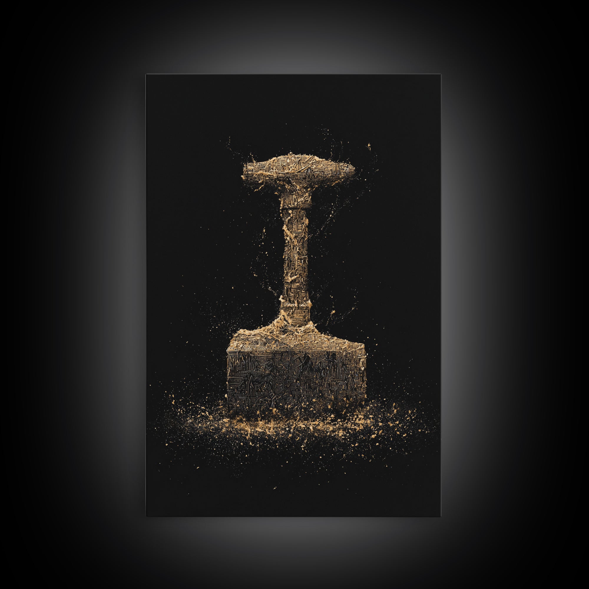 Thor’s Hammer Canvas Gold Art Canvas Art | Norse Mythology Mjölnir Wall Decor Pagan Viking Symbol | Mounted with Real Wood Frame