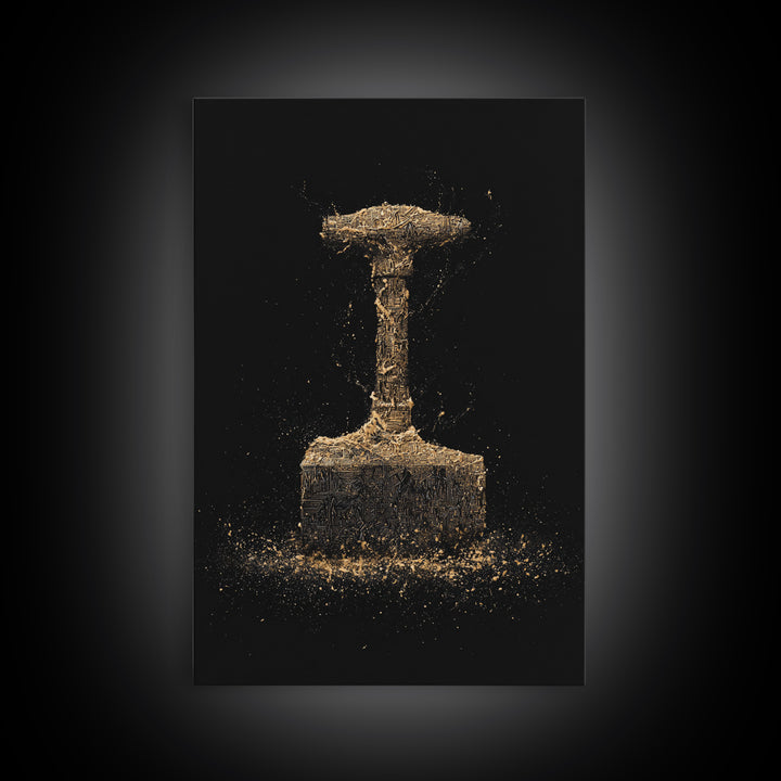 Thor’s Hammer Canvas Gold Art Canvas Art | Norse Mythology Mjölnir Wall Decor Pagan Viking Symbol | Mounted with Real Wood Frame